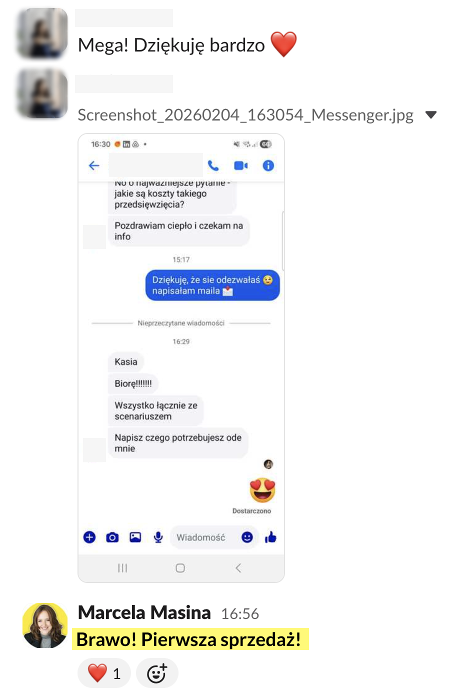 Wiadomość na Slacku: pierwsza sprzedaż, klientka pisze Biorę