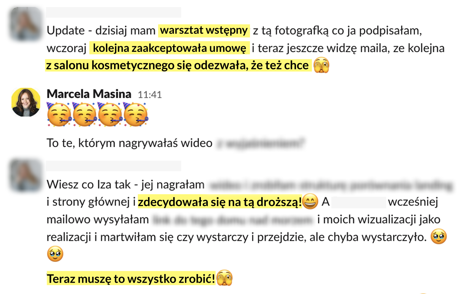 Wiadomość na Slacku: kolejna zaakceptowana umowa i nowe zapytanie