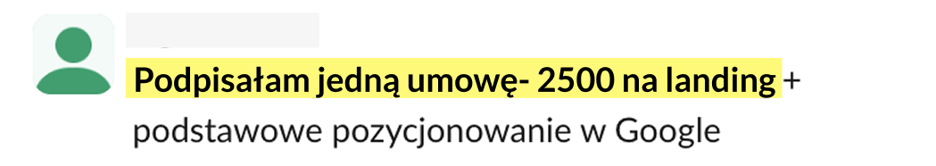 Wiadomość na Slacku: podpisałam umowę, 2500 zł na landing